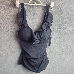 Lauren Ralph Lauren Black Label Ruffle Tankini Swim Top Underwire Sz 4 Black